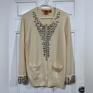 Tory Burch Cashmere Embellished Cream Cardigan XL Missing Some Stones